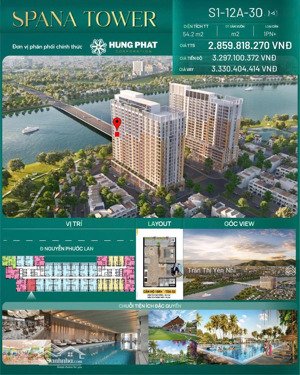 hàng hiếm view sông tầng trung tại spana tower, 2,85 tỷ, 54,2m2, 2pn, cẩm lệ, đà nẵng