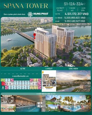 duy nhất căn góc 2 ngủ view trực diện sông tại spana tower, giá full chỉ 4,5 tỷ, 75,1m2, 2pn, 2wc