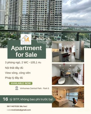 bán căn hộ vinhomes central park 3pn, tòa park 5, 105 m2, full nội thất, 16 tỷ