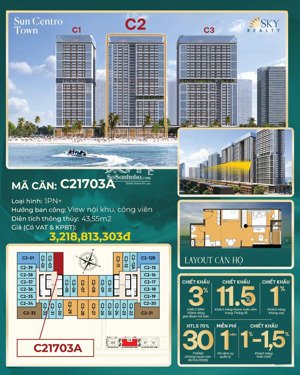 căn hộ tầng 17 1pn+ giá tốt nhất tòa c2 sun centro town / chiết khấu lên tới 15%, giá chỉ ~2,7 tỷ