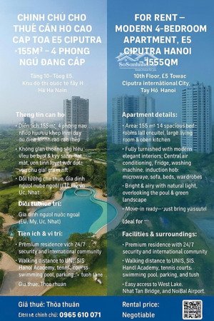 chính chủ cho thuê căn hộ cao cấp tầng 10 - tòa e5 ciputra 155m 4 phòng ngủ, cho thuê lâu dài