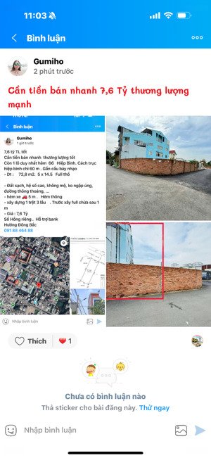 7,6 tỷ tl mạnh còn 1 lô duy nhất hẻm 66 đường hiệp bình 72,8 m2. 5 x 14.5 full thổ -