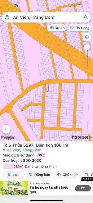 bán đất mặt tiền buôn bán ấp 4 an viễn trảng bom 5x22 sổ riêng thổ cư 1,59 tỷ