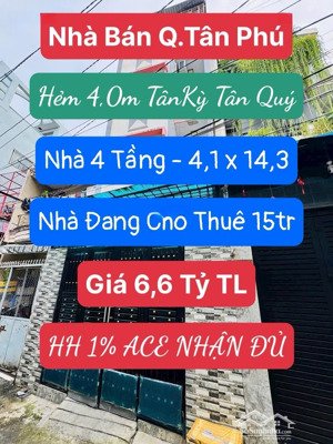 nhà 4 tầng hẻm 4,0m 188/29/16 tân kỳ tân quý đang cho thuê 15tr/th . vũ lộc phát 