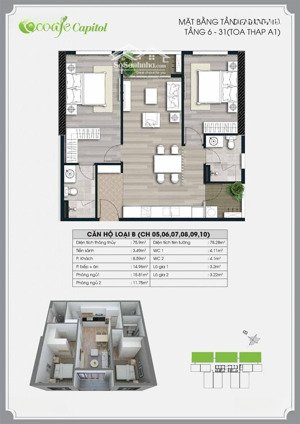 chính chủ bán chcc ecolife capital, tố hữu dt 75,8m2 , 2 pn , 2wc , căn góc 2 ban công - 7,5 tỷ.