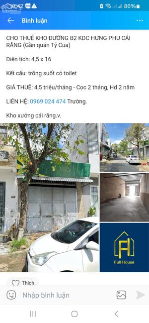 Kho 70m2 mặt tiền kdc Hưng Phú