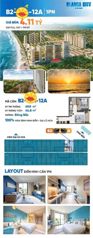 bán căn 1pn-50m2- giá 4,1 tỷ đã vat+ pbt-chiết khấu 20.5%-giá gốc đợt 1-blanca city sun group