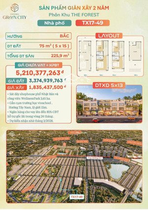 bán nhà phố the forest vinhomes green city tx17-49 | giá chỉ 5,2 tỷ, vị trí đẹp, hướng bắc!