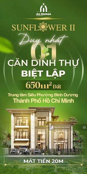 duy nhất 1 căn dinh thự góc - 650m đất, mặt tiền 20m tại siêu phường bình dương
giá cđt tiến độ 25t