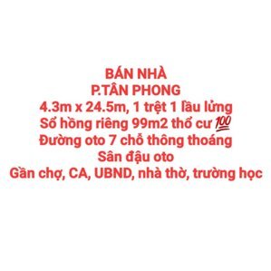 BÁN NHÀ ĐẤT TÂN PHONG, 1TRỆT 1LẦU LỬNG, SỔ HỒNG THỔ CƯ ĐƯỜNG OTO, SÂN OTO (NP925)