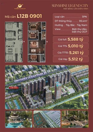 độc quyền căn hộ 3pn 95.4m2 thông thủy tầng 9 view biệt thự đảo-ban công tây nam. giá sốc 54tr/m2