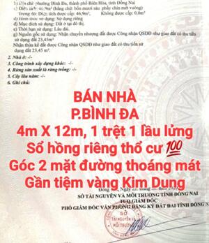 BÁN NHÀ BÌNH ĐA, 1TRỆT 1LẦU LỬNG, GÓC 2 MẶT ĐƯỜNG THOÁNG MÁT, SỔ HỒNG THỔ CƯ