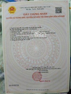 chính chủ cần tiền bán lỗ lô đất cách chợ tân hưng 2km, ngang 9,5m hậu 110m