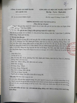 công ty đấu giá hợp danh số 1 quốc gia thông báo bán đấu giá tài sản