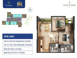 cần bán căn hộ haven park ecopark hưng yên 2pn 2vs dt 58m2, bc hướng nam, lh 