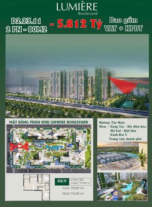 lumière boulevard độc quyền 2 phòng ngủ - 2 mặt view layout hiếm