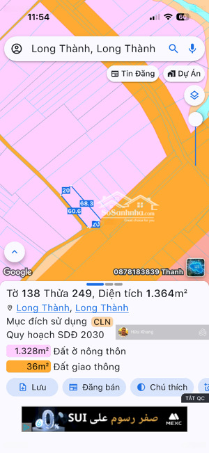 1363m2 góc hai mặt tiền thích hợp phân lô xã bình sơn - ngay sát đường cầu mên - sân bay long thành
