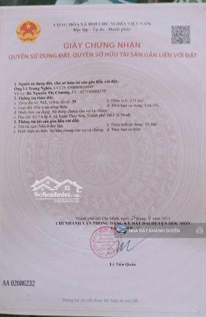 chính chủ gửi bán đất 8 x 23m, mặt tiền đường nguyễn thị ly xã xuân thới sơn