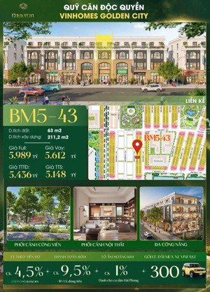 bán bt vinhomes golden city, 5,221 tỷ, 63m2, 5pn, mặt tiền 4.5m, ngõ 15m, pháp lý đầ pháp lý đầy đủ