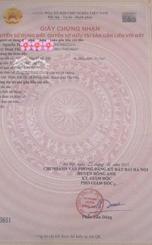 bán mảnh đất đẹp ở thôn đài bi, xã đông anh, tp hà nội. diện tích: 51,7 m2 mặt tiền: 4,25 m