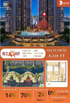 hot! duy nhất còn lại căn 2pn - 8,2 tỷ view trực diện hồ bơi tầng đẹp - tòa b2 masteri park place