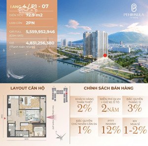 căn 2pn giá cđt tốt nhất peninsula 4.83 tỷ, view sông hàn