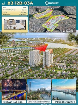 1pn+ rẻ nhất a2 sun cora tower hòa xuân, chỉ 45tr/m2 - dt 53,2m2 giá gốc cđt, view pháo hoa sôg hàn