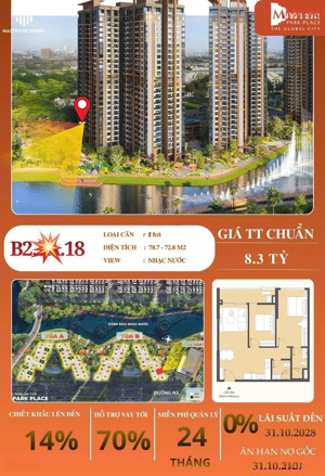 hot! căn hộ 2pn - b2.xx.18 view nhạc nước giá 8,3 tỷ, miễn gốc lãi 3 - 4 năm