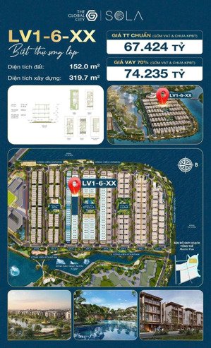 bán gấp sola villa the global city biệt thự song lập lk 1-6, 5 tầng, xd 319m², hướng đn giá 67 tỷ
