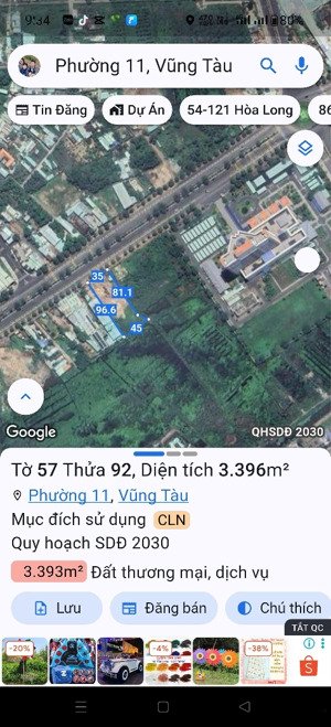 mặt tiền đường 2/9, phường 11, tp vũng tàu - diện tích 35x96=3348m2, gồm một mặt tiền đường 2/9