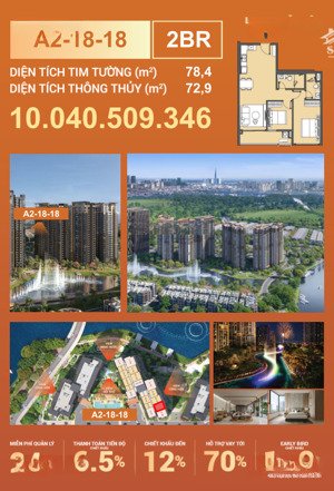 căn hộ masteri park palace 2pn-2wc view quảng trường nhạc nước. thanh toán chỉ từ 3tỷ261tr - 78,4m2