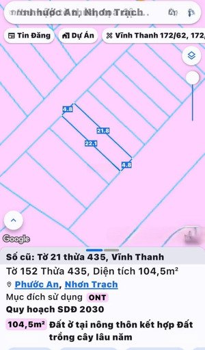bán đất vĩnh thanh, nhơn trạch. full thổ cư, dt 104m2, giá đầu tư tốt, sang tên ngay trong ngày