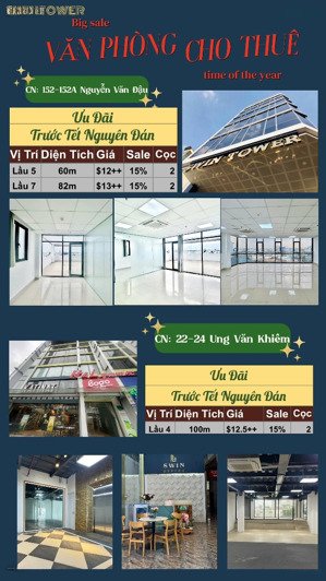 ưu đãi lớn 15% - văn phòng bình thạnh - swin office - hoa hồng 1 tháng + 5triệu thưởng nóng