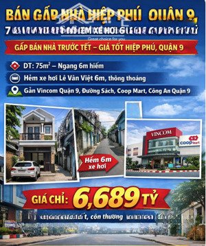 bán gấp nhà hiệp phú, quận 9, 75m ngang 6m, hẻm xe hơi 6m thông, giá 6,689 tỷ