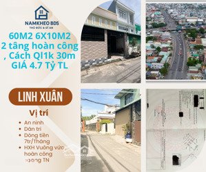 ngay cầu vượt linh xuân - cách ql1k 30m , ngang 6 , hẽm ô tô, giá 4.7 tỷ tl