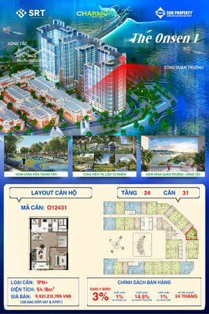 o12231 & o12431 cặp 1pn+ tầng 22-24 the onsen charmora city giá từ 5 tỷ 446 triệu (giá không chênh)