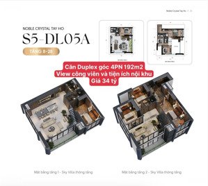 căn duplex góc 192m2 view công viên ciputra 65ha, giá 34 tỷ, thiết kế 4pn toà noble crystal tây hồ