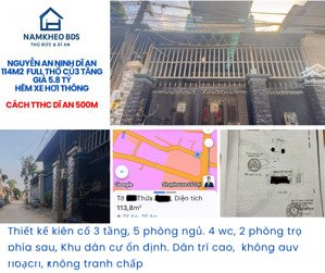 tt hành chính dĩ an,nguyễn an ninh , 114m2 5x23m full thổ cư-3 tầng 5pn giá 5.8 tỷ-hẽm xe hơi thông