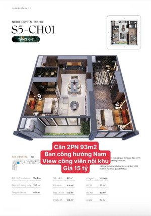 căn 93m2 ban công hướng nam, view tiện ích nội khu, giá 15 tỷ, toà noble crystal tây hồ