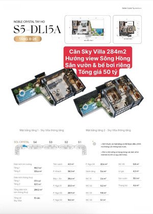 căn sky villa 284m2 view sông hồng, có sân vườn bể bơi riêng, giá 50 tỷ, toà noble crystal tây hồ