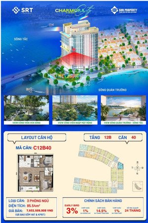 căn 3pn sun nha trang view cầu bình tân - cửa bé nha trang toà the charm dự án charmora city