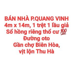 BÁN NHÀ P.QUANG VINH, 1TRỆT 1LẦU GIẢ, SỔ HỒNG THỔ CƯ ĐƯỜNG OTO GẦN CHỢ BIÊN HÒA (NP1162)