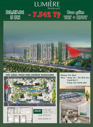 đỉnh nóc kịch trần bán căn 3pn lumiere boulevard view sông tắc giá 7.542 tỷ all in, tầng cao thoáng