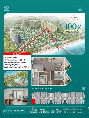 căn 91.19m2, 2pn 2wc, giá tốt nhất toà atlantic, 8.251 tỷ, chiết khấu 16% + 1 chỉ vàng