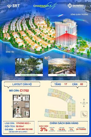 bán căn hộ 58,5m2 tầng 17 ven sông charmora city - sun nha trang