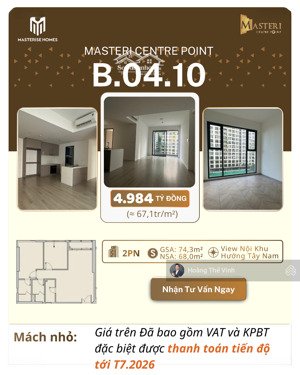 hàng hiêm nhà sẵn 2 phòng ngủ căn góc masteri 74m2 được thanh toán dãn tới t7.2026 giá 4.984 tỷ