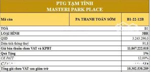 căn 3pn rẻ nhất masteri park place.chỉ 10,3 tỷ, view nhạc nước,công viên.lh ms my:0043549499