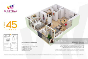 bán 1 ngủ, 45m2 sử dụng - tháp a , chung cư west bay ecopark - view hồ