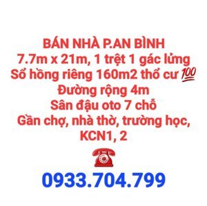 BÁN NHÀ ĐẤT AN BÌNH, 1TRỆT 1GÁC, SỔ HỒNG THỔ CƯ, ĐƯỜNG OTO, SÂN ĐẬU OTO 7 CHỖ