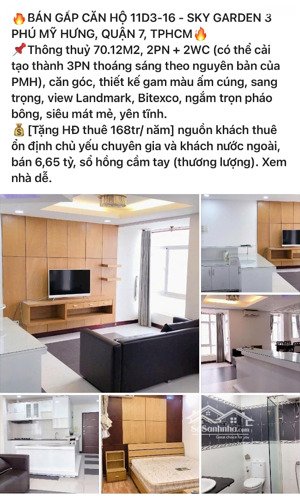 bán gấp căn hộ sky garden 3 phú mỹ hưng, quận 7-71m2, 2pn2wc view view landmark, bitexco